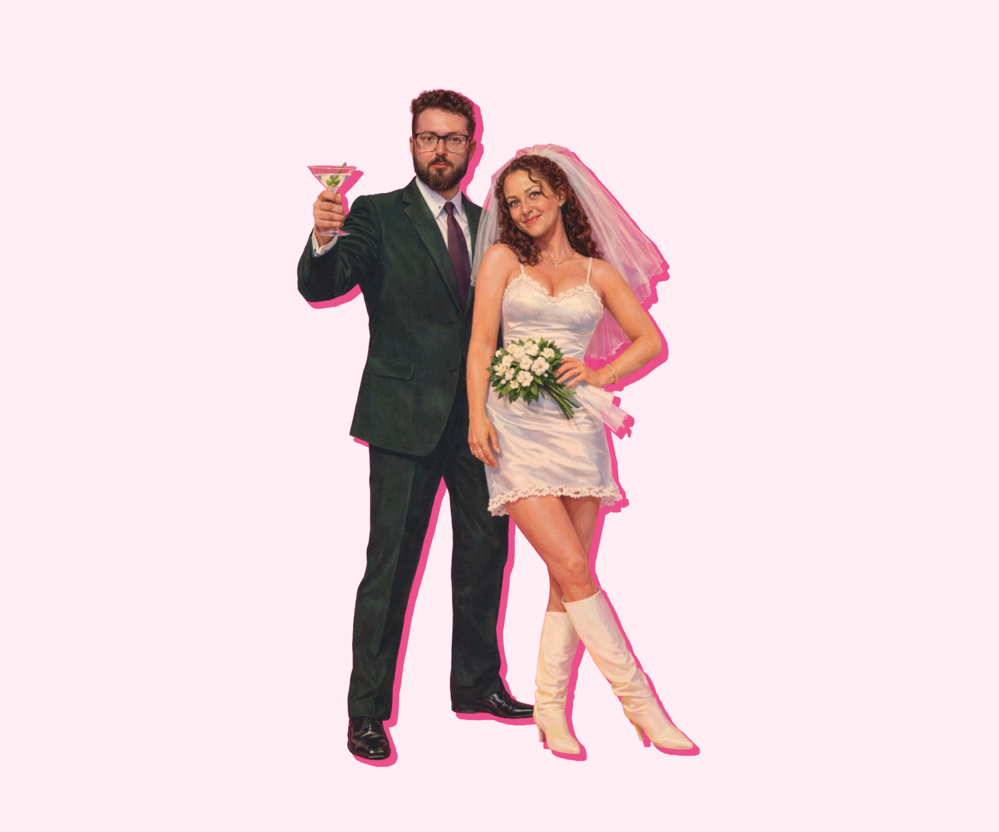Jake and Carli dressed for the wedding, with a pink outline